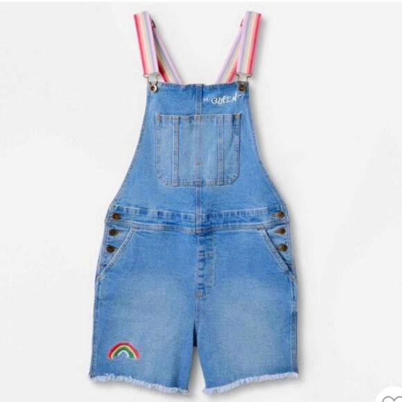 Super cute Pride rainbow short denim overall jumpsuit sz Xxl - Picture 1 of 10